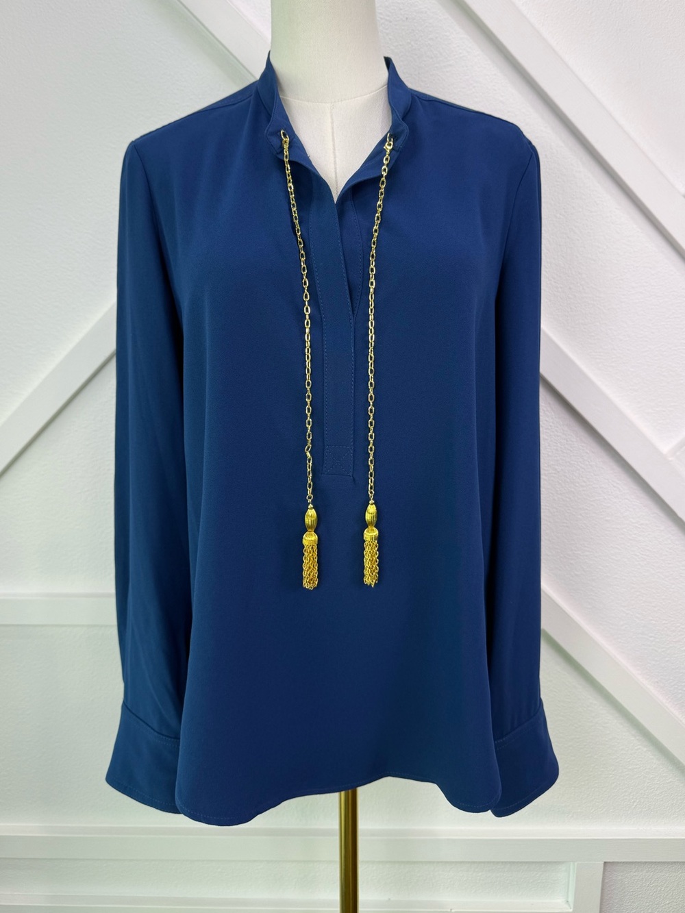 NWT Trina Turk Riesling Top Blue Gold Chain Tassel Blouse Tunic Size Medium $198